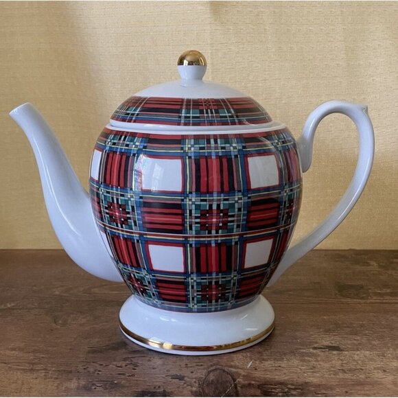Willams Sonoma Stuart Dress Tartan Teapot White Red Gold Holiday 4 Cup Japan - Picture 4 of 14